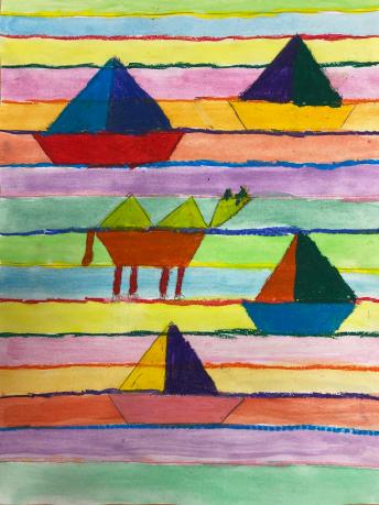 Kamel in geometrischer Landschaft