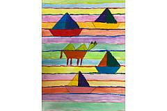 Kamel in geometrischer Landschaft